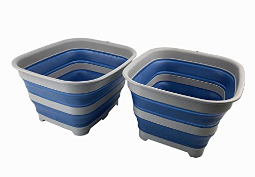 SAMMART 15L Zusammenklappbare Schüssel mit Ablaufstopfen - faltbares Waschbecken - tragbares Geschirrwaschbecken - platzsparendes Küchenregal (Grau/Nebelblau (2er-Set)) von SAMMART