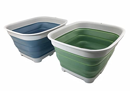 SAMMART 15L Zusammenklappbare Schüssel mit Ablaufstopfen - faltbares Waschbecken - tragbares Geschirrwaschbecken - platzsparendes Küchenregal (Stahlblau + Dunkelmeergrün (2er-Set)) von SAMMART