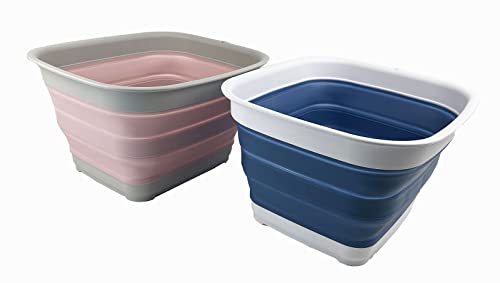 SAMMART 15L zusammenklappbare Wanne – Faltbare Geschirrwanne – tragbares Waschbecken – platzsparende Kunststoff-Waschwanne (Metallic-Blau+Blassrosa (2er-Set)) von SAMMART