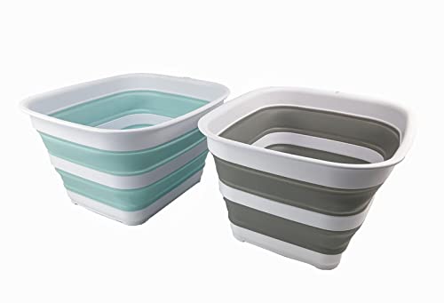 SAMMART 15L zusammenklappbare Wanne – Faltbare Geschirrwanne – tragbares Waschbecken – platzsparende Kunststoff-Waschwanne (Seegrün+Grau (2er-Set)) von SAMMART