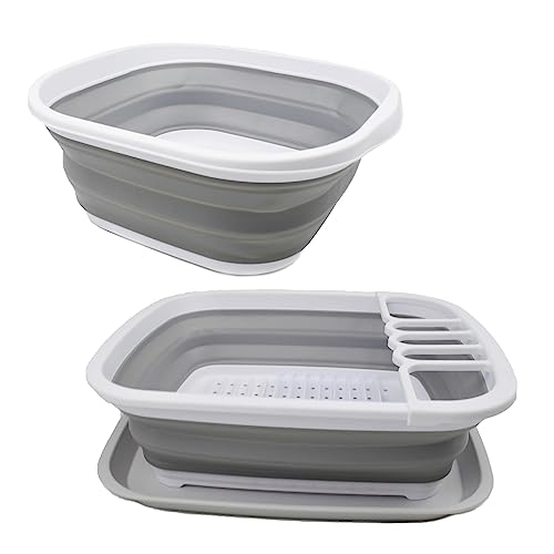 SAMMART 2-teiliges Set aus zusammenklappbarem Plastik 10-l-Kunststoffbehälter und 8-l-zusammenklappbarem Abtropfgestell mit Abtropffläche – faltbares Wäscheständer-Set (Grau + Grau) von SAMMART