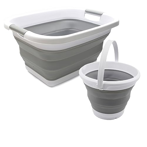 SAMMART 2-teiliges Set: 25 l zusammenklappbarer Wäschekorb aus Kunststoff und 5,5 l zusammenklappbarer Eimer/Wassertopf (Wäschekorb+Eimer, Grau+Grau) von SAMMART