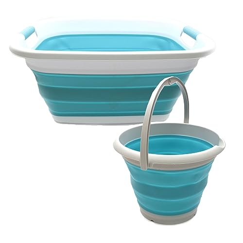 SAMMART 2-teiliges Set: 31 l zusammenklappbarer Kunststoff-Wäschekorb und 10 l zusammenklappbarer Eimer/Wassertopf (Wäschekorb+Eimer, Hellblau+Hellblau) von SAMMART