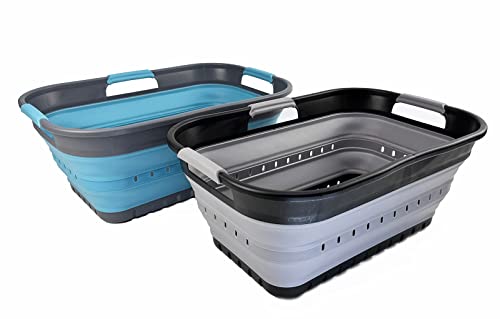SAMMART 21L Super Mini Zusammenklappbarer Kunststoffkorb mit 3 Griffen – Faltbarer Pop-Up-Aufbewahrungsbehälter – Platzsparender Geschenkkorb/Korb (Legierungsgrau + Kristallblau (2er-Set)) von SAMMART