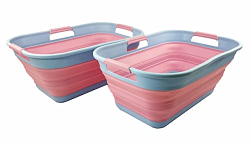 SAMMART 21L zusammenklappbarer Kunststoff-Aufbewahrungskorb – faltbarer Pop-Up-Aufbewahrungsbehälter/Organizer – tragbare Waschwanne – platzsparender Wäschekorb/Korb (Cooles Blau/Rosa Jersey(2er-Set)) von SAMMART