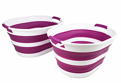 SAMMART 23L zusammenklappbarer Wäschekorb aus Kunststoff – ovale Wanne/Korb – faltbarer Aufbewahrungsbehälter/Organizer – tragbare Waschwanne – platzsparender Wäschekorb (Weiß/Lila (2er-Set)) von SAMMART