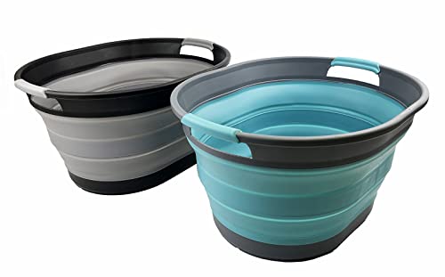 SAMMART 23L zusammenklappbarer Wäschekorb aus Kunststoff – ovale Wanne/Korb – faltbarer Aufbewahrungsbehälter – tragbare Waschwanne – platzsparender Wäschekorb (Legierungsgrau + Kristallblau) von SAMMART