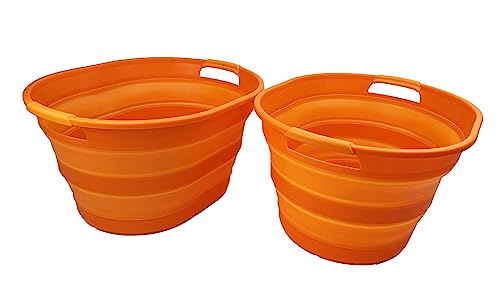 SAMMART 23L zusammenklappbarer Wäschekorb aus Kunststoff – ovale Wanne/Korb – Faltbarer Aufbewahrungsbehälter – tragbare Waschwanne – platzsparender Wäschekorb (Orange (2er-Set)) von SAMMART