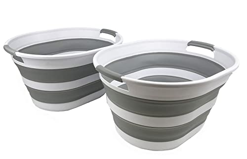 SAMMART 23L zusammenklappbarer Wäschekorb aus Kunststoff – ovale Wanne/Korb – Faltbarer Aufbewahrungsbehälter – tragbare Waschwanne – platzsparender Wäschekorb (Weiß/Grau) von SAMMART