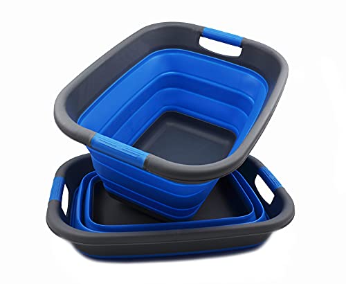 SAMMART 25L Faltbarer Wäschekorb/Wanne - Faltbarer Vorratsbehälter/Organizer - Tragbarer Waschbehälter - Platzsparender Korb - Aufbewahrungsbox für Kofferraum (Grey/Blue, 2) von SAMMART