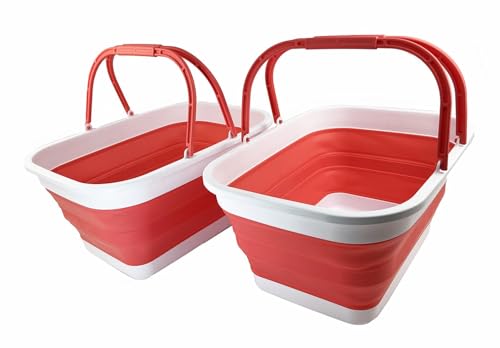 SAMMART 26L zusammenklappbarer Kunststoff-Wäschekorb mit Griff – faltbarer Pop-Up-Aufbewahrungsbehälter/Korb mit Griff – tragbare Waschwanne (Weiß/Korallenrosa (2er-Set)) von SAMMART