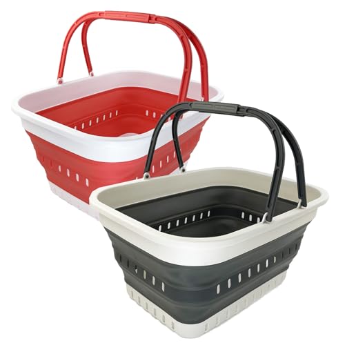 SAMMART 26L zusammenklappbarer Kunststoff-Wäschekorb mit Griff – faltbarer Pop-Up-Aufbewahrungskorb mit Griff (Verwaschenes Schwarz+Korallenrosa (2er-Set)) von SAMMART