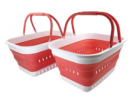 SAMMART 26L zusammenklappbarer Kunststoff-Wäschekorb mit Griff – faltbarer Pop-Up-Aufbewahrungskorb mit Griff (Weiß/Korallenrosa (2er-Set)) von SAMMART