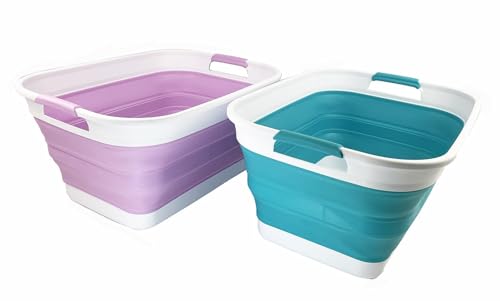 SAMMART 27L zusammenklappbarer Kunststoff-Wäschekorb – faltbarer Pop-Up-Aufbewahrungskorb (2, Keramikblau+Hellviolett) von SAMMART