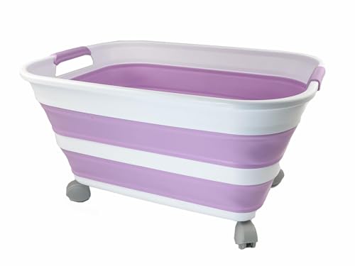 SAMMART 27L zusammenklappbarer Kunststoff-Wäschekorb mit Rollen – faltbarer Pop-Up-Aufbewahrungskorb (Weiß/Blassviolett/Weiß) von SAMMART