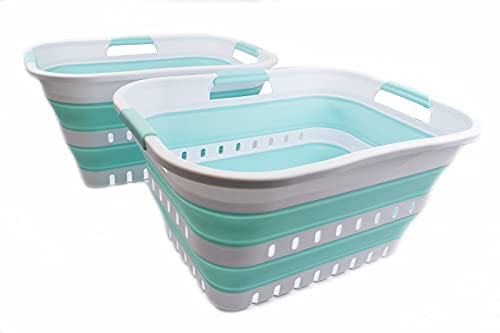 SAMMART 2er-Set - 30L zusammenklappbarer Kunststoff-Wäschekorb - Faltbarer Pop-Up-Aufbewahrungsbehälter/Organizer - Platzsparender Wäschekorb/Korb (2, Weiß/Seegrün) von SAMMART