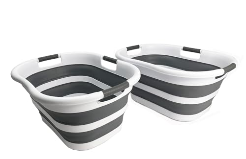 SAMMART 2er-Set 40 l, faltbarer Wäschekorb aus Kunststoff – zusammenklappbarer, platzsparender und tragbarer Wäschesammler, ideal für Zuhause, auf Reisen, im Wohnheim (2, Weiß/Stahlgrau) von SAMMART