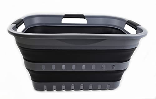 SAMMART 30L Collapsible 3 Handled Plastic Wäschekorb - Faltbarer Pop-Up-Vorratsbehälter/Organizer - Tragbare Waschwanne - Platzsparender Korb/Korb (Grau/schwarz) von SAMMART