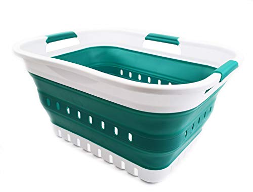 SAMMART 30L Collapsible 3 Handled Plastic Wäschekorb - Faltbarer Pop-Up-Vorratsbehälter/Organizer - Tragbare Waschwanne - Platzsparender Korb/Korb (Weiß/Dunkelgrün) von SAMMART