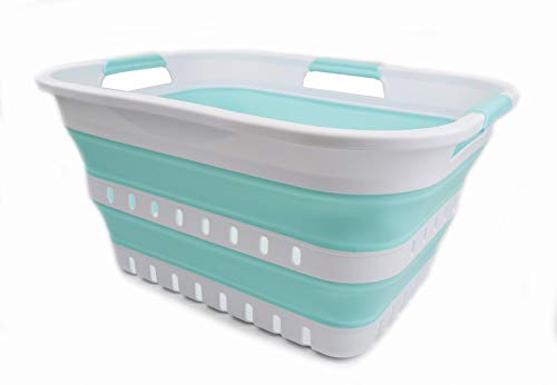 SAMMART 30L Collapsible 3 Handled Plastic Wäschekorb - Faltbarer Pop-Up-Vorratsbehälter/Organizer - Tragbare Waschwanne - Platzsparender Korb/Korb (Weiß/Seegrün) von SAMMART