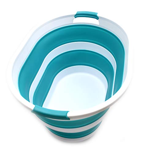 SAMMART 34L Faltbarer Wäschekorb aus Kunststoff - Ovale Wanne/Korb - Faltbarer Aufbewahrungsbehälter/Organizer - Tragbarer Waschtrog - Platzsparender Wäschekorb (Hellblau) von SAMMART