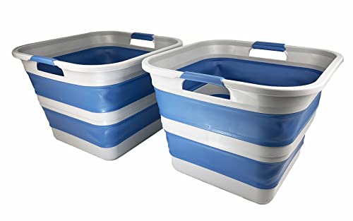 SAMMART 35L Collapsible Plastic Laundry Basket - Square Tub/Basket - Foldable Storage Container/Organizer - Portable Washing Tub - Space Saving Laundry Hamper (Grau/Nebelblau (2er-Set)) von SAMMART