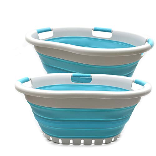 SAMMART 36L Collapsible 3 Handled Plastic Laundry Basket (Grau/Hellblau, 2) von SAMMART