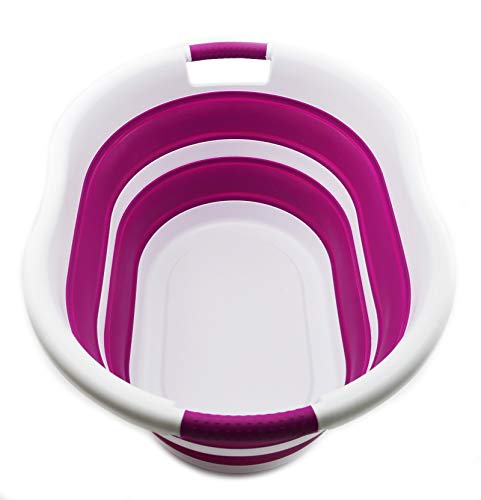 SAMMART 36L Collapsible Plastic Wäschekorb - Ovale Wanne/Korb - Faltbarer Vorratsbehälter/Organizer - Tragbare Waschwanne - Platzsparender Wäschekorb, Wasserkapazität: 28L (1, White/Purple) von SAMMART