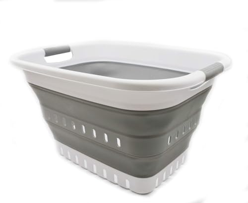 SAMMART 37L zusammenklappbarer Kunststoff-Wäschekorb – faltbarer Pop-Up-Aufbewahrungsbehälter/Organizer – tragbarer Korb – platzsparender Korb/Korb (Weiß/Grau) von SAMMART