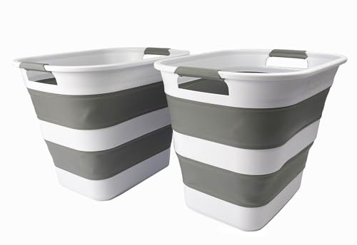 SAMMART 40L 2er-Set zusammenklappbarer Wäschekorb aus Kunststoff – faltbarer Pop-Up-Aufbewahrungsbehälter/Organizer – tragbarer Wäschekorb – platzsparende Waschwanne (2, Weiß/Grau) von SAMMART