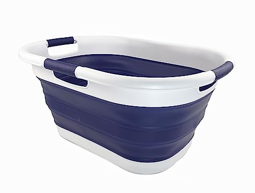 SAMMART 40L zusammenklappbarer Wäschekorb aus Kunststoff – faltbarer Pop-Up-Aufbewahrungsbehälter/Organizer – tragbare Waschwanne – platzsparender Wäschekorb (Weiß/Marineblau) von SAMMART