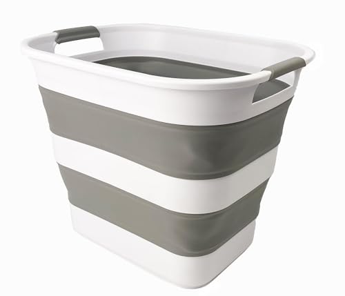 SAMMART 40L zusammenklappbarer Wäschekorb aus Kunststoff – faltbarer Pop-Up-Aufbewahrungsbehälter/Organizer – tragbarer Wäschekorb – platzsparende Waschwanne (1, Weiß/Grau) von SAMMART