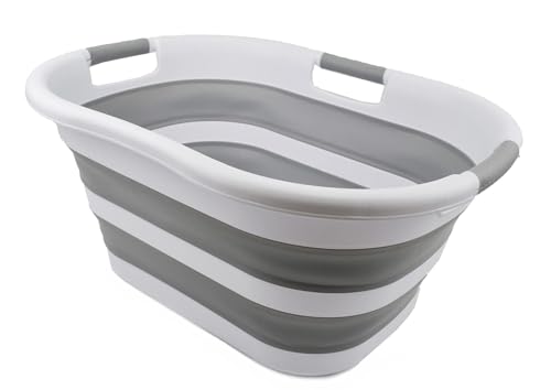 SAMMART 40L zusammenklappbarer Wäschekorb aus Kunststoff – platzsparender Aufbewahrungsbehälter/Organizer – tragbare Waschwanne – faltbarer Pop-Up-Wäschekorb/Korb (1, Weiß/Grau) von SAMMART