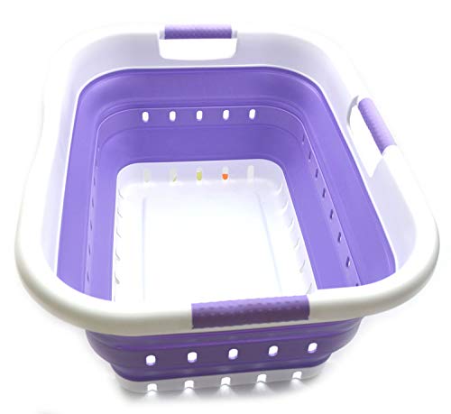 SAMMART 41L Collapsible 3 Handled Plastic Laundry Basket - Foldable Pop Up Storage Basket/Organizer - Space Saving Hamper/Basket (3 handled rectangular, White/Lt. Purple) von SAMMART