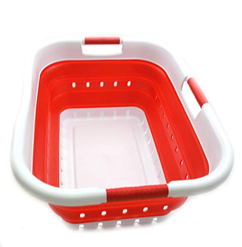 SAMMART 41L Collapsible 3 Handled Plastic Laundry Basket - Foldable Pop Up Storage Basket/Organizer - Space Saving Hamper/Basket (3 handled rectangular, White/Red) von SAMMART