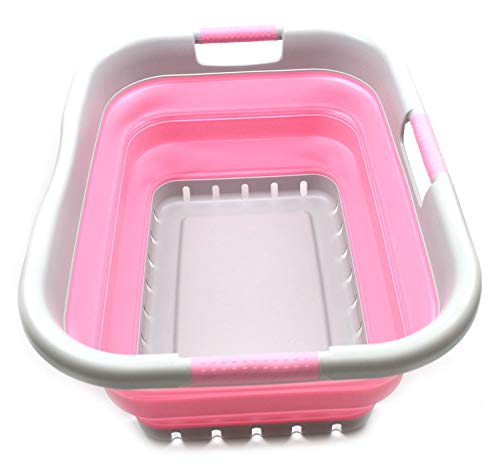 SAMMART 41L Collapsible 3 Handled Plastic Laundry Basket - Foldable Pop Up Storage Container/Organizer - Portable Washing Tub - Space Saving Hamper/Basket (3 handled rectangular, Grau/Pink) von SAMMART