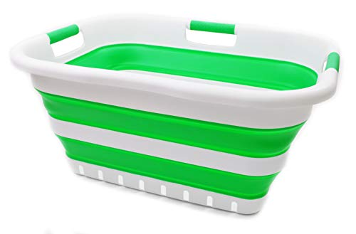 SAMMART 41L Collapsible 3 Handled Plastic Laundry Basket - Foldable Pop Up Storage Container/Organizer - Portable Washing Tub - Space Saving Hamper/Basket (3 rechteckig behandelt, Hellgrün) von SAMMART