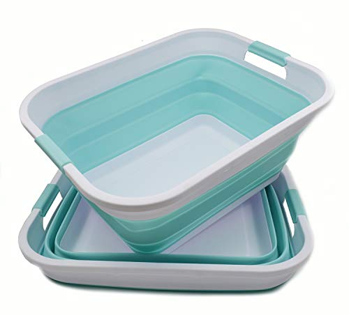 SAMMART 41L Collapsible Plastic Wäschekorb - Faltbarer Pop-Up-Vorratsbehälter/Organizer - Tragbare Waschwanne - Platzsparender Korb (Weiß/Seegrün, 2) von SAMMART