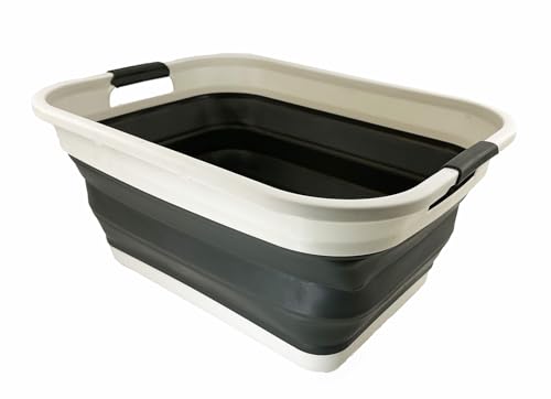 SAMMART 41L zusammenklappbarer Kunststoff-Wäschekorb – faltbarer Pop-Up-Aufbewahrungsbehälter/Organizer – tragbare Waschwanne – platzsparender Wäschekorb (1, Grau/Verwaschenes Schwarz) von SAMMART
