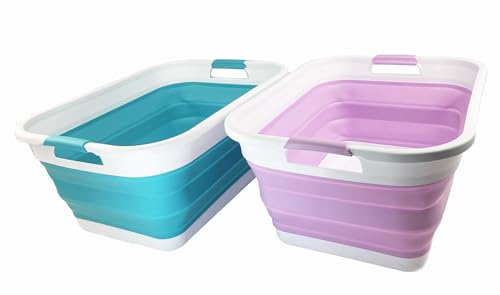 SAMMART 41L zusammenklappbarer Kunststoff-Wäschekorb – faltbarer Pop-Up-Aufbewahrungsbehälter/Organizer – tragbare Waschwanne – platzsparender Wäschekorb (2, Keramikblau + Hellviolett) von SAMMART