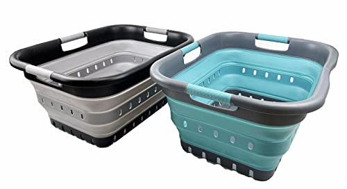 SAMMART 41L zusammenklappbarer Wäschekorb aus Kunststoff mit 3 Griffen – faltbarer Pop-Up-Aufbewahrungsbehälter/Organizer – tragbare Waschwanne (Legierungsgrau + Kristallblau (2er-Set)) von SAMMART