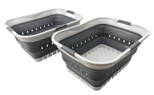 SAMMART 42L 2er-Set zusammenklappbarer Kunststoff-Wäschekorb-faltbarer Pop-Up-Aufbewahrungsbehälter/Organizer-tragbare Waschwanne-platzsparender Korb/Korb (2, Grau/Stahlgrau) von SAMMART