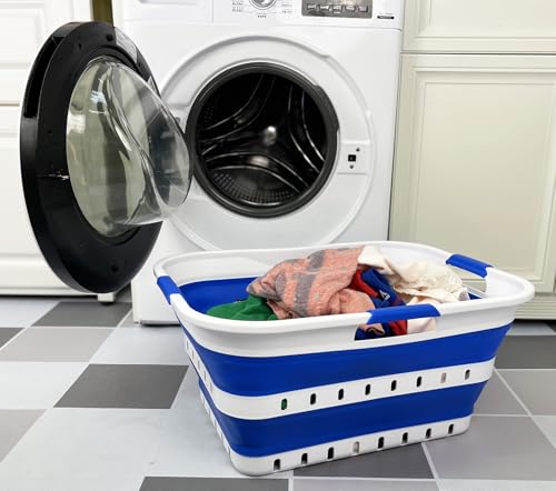 SAMMART 42L Faltbarer Wäschekorb aus Kunststoff – Faltbarer Pop-Up-Aufbewahrungsbehälter/Organizer – tragbarer Wäschekorb – platzsparender (1, White/Dark Blue) von SAMMART