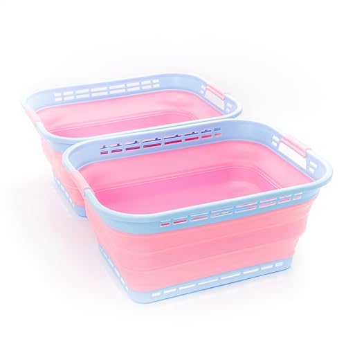 SAMMART 42L zusammenklappbarer Wäschekorb aus Kunststoff – faltbarer Pop-Up-Aufbewahrungsbehälter/Organizer – tragbare Waschwanne – platzsparender Korb/Korb (Cooles Blau/Rosa Jersey (2er-Set)) von SAMMART
