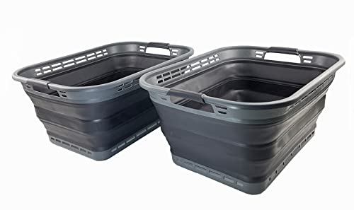 SAMMART 42L zusammenklappbarer Wäschekorb aus Kunststoff – faltbarer Pop-Up-Aufbewahrungsbehälter/Organizer – tragbare Waschwanne – platzsparender Korb/Korb (Grau/Nive Iron (2er-Set)) von SAMMART
