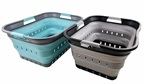 SAMMART 42L zusammenklappbarer Wäschekorb aus Kunststoff – faltbarer Pop-Up-Aufbewahrungsbehälter/Organizer – tragbare Waschwanne – platzsparender Korb/Korb (Legierungsgrau + Kristallblau) von SAMMART