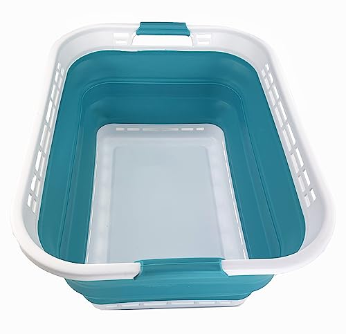 SAMMART 42L zusammenklappbarer Wäschekorb aus Kunststoff – faltbarer Pop-Up-Aufbewahrungsbehälter/Organizer – tragbare Waschwanne – platzsparender Korb/Korb (Weiß/Keramikblau) von SAMMART