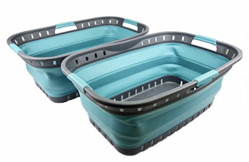 SAMMART 44L Zusammenklappbarer Kunststoff-Wäschekorb – Faltbarer Pop-Up-Aufbewahrungsbehälter–Tragbare Waschwanne–Platzsparender Wäschekorb, Wasserkapazität: 35L (Grau/Kristallblau (2er-Set)) von SAMMART