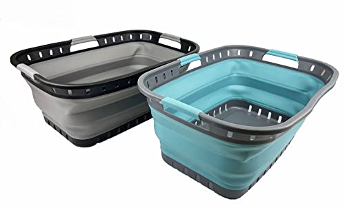 SAMMART 44L Zusammenklappbarer Kunststoff-Wäschekorb – Faltbarer Pop-Up-Aufbewahrungsbehälter–Tragbare Waschwanne–Platzsparender Wäschekorb, Wasserkapazität: 35L (Legierungsgrau + Kristallblau) von SAMMART