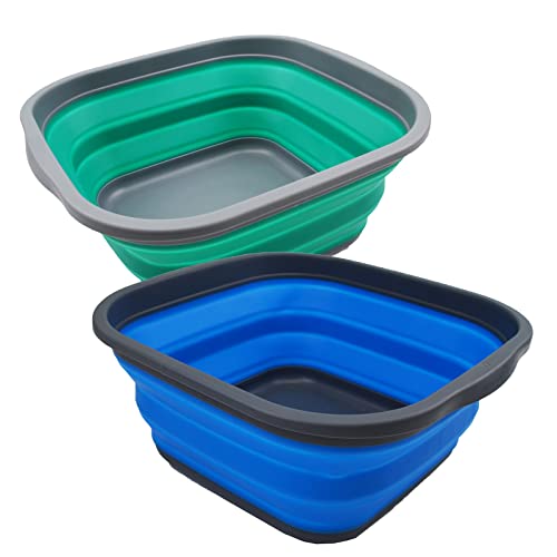 SAMMART 5,5 l Set mit 2 faltbaren Wannen, Faltbare Geschirrwanne, tragbares Waschbecken, platzsparende Kunststoff-Waschwanne (Bläulich-Grün + Blau) von SAMMART